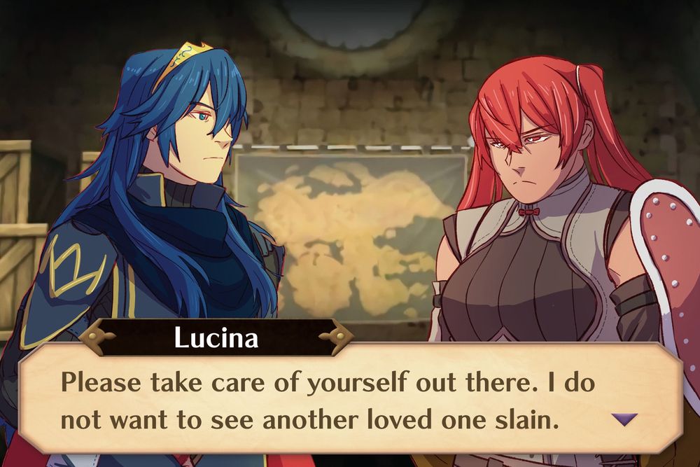 lucina saying "please take care of yourself out there. i do not want to see another loved one slain." 
said line is one of lucinas married quotes