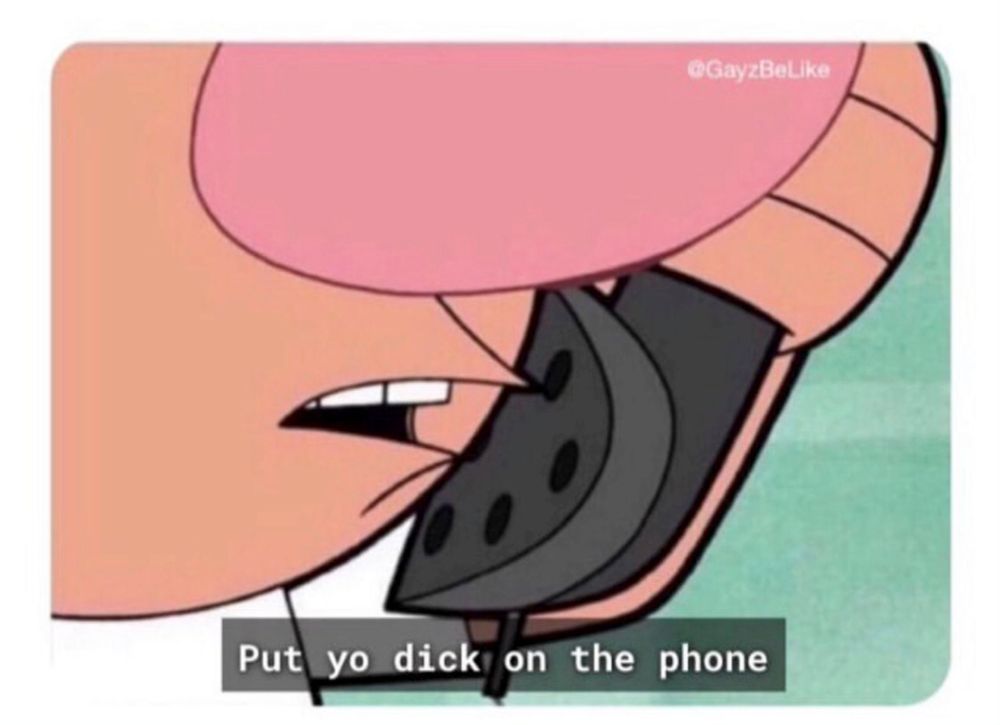 Close up of Billy's mouth from Grim Adventures, talking on a phone saying "put yo dick on the phone"
