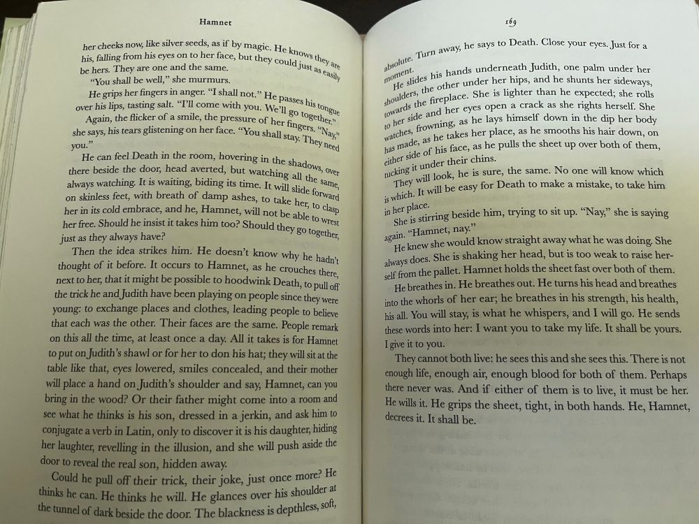 Hamnet by Maggie O’Farrell. 

On these pages, Hamnet gives his life for his twin sister Judith. 