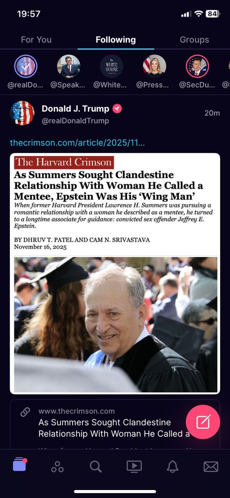 Screenshot of Trump TruthSocial post of Harvard Crimson article on Larry Summers’s horrifying relationship with Epstein. 