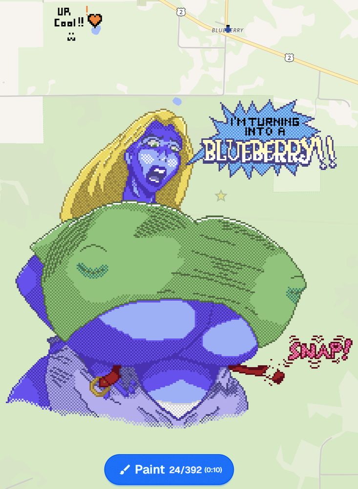 Wplace Pixel illustration paying homage to DocSwell's influential blueberry inflation comic 'The Bizarre Adventures of Berrygirl' (2002).