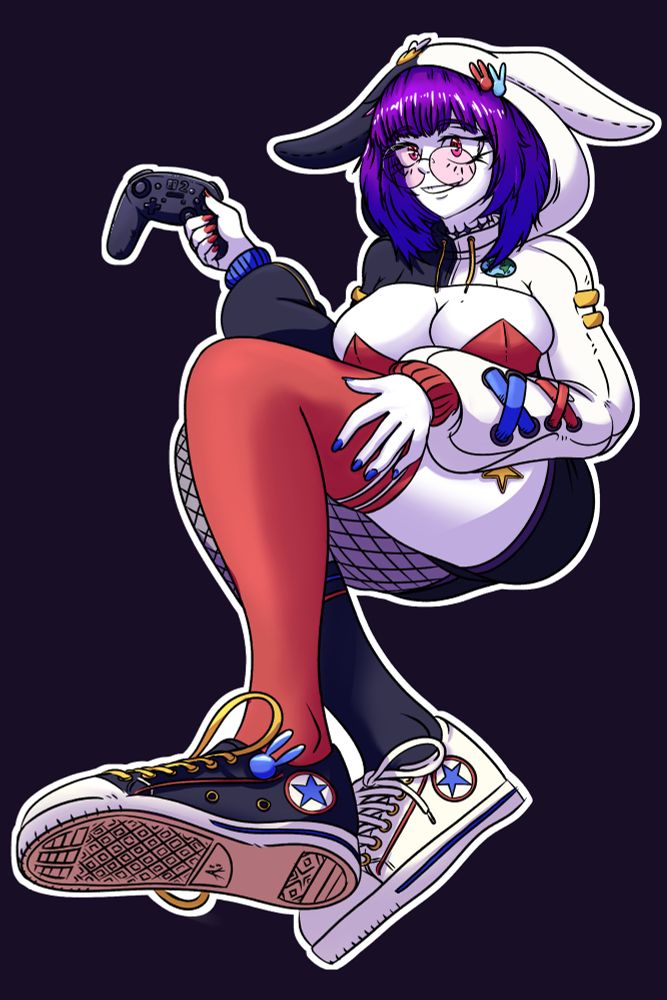 VTuber / Twitch Streamer Park Sun-Hee in a reclined position, holding a Switch 2 controller. She sports a hoodie, mismatched leggings, and converse low-tops.