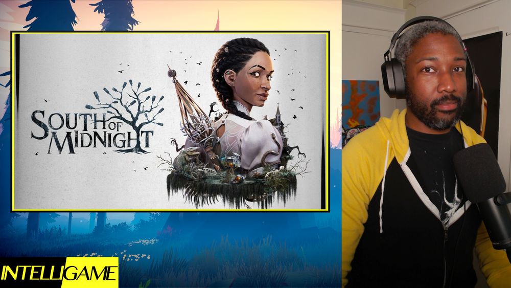Josh in a black and yellow hoodie, standing next to the splash art for South of Midnight.