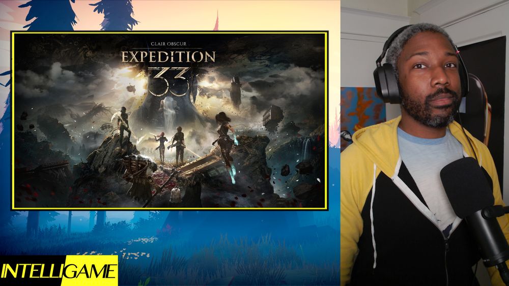 Josh, a black man with short-cut salt and pepper hair, wearing a black and yellow hoodie, standing next to the splash art for Clair Obscur: Expedition 33. An apocalyptic