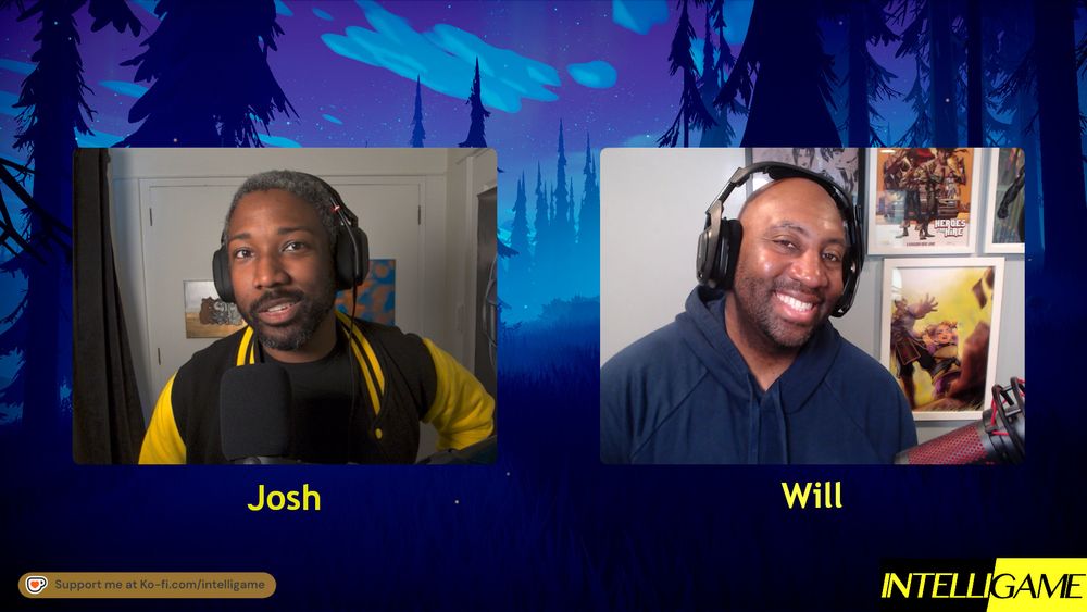 Screenshot of Josh and Will getting ready for a podcast! Both are black men, Josh is wearing a black and yellow striped varsity jacket and has short cut, mostly-gray hair. Will is bald, with a blue hoodie and some good comics/media posters in the background