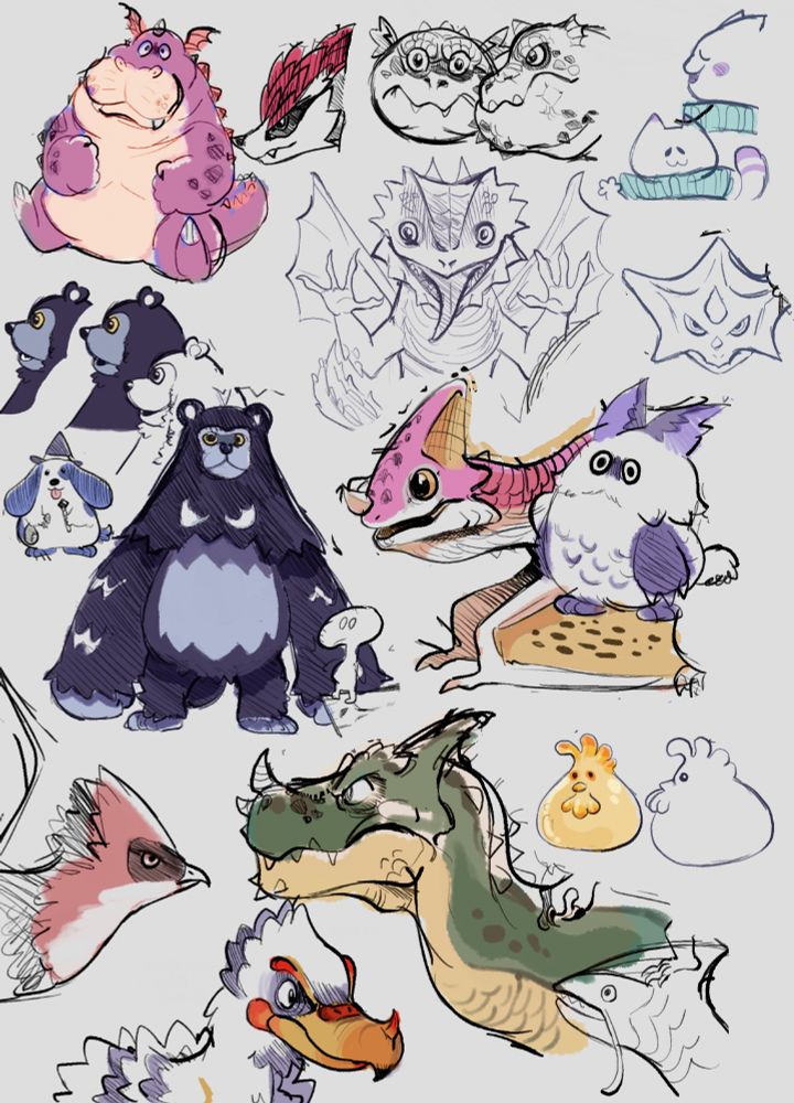 A variety of monster design doodles