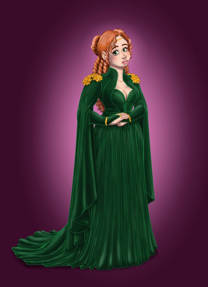 A young red headed woman with green eyes and long ringlet curls stands in a dark green velvet gown with gold embelishments.