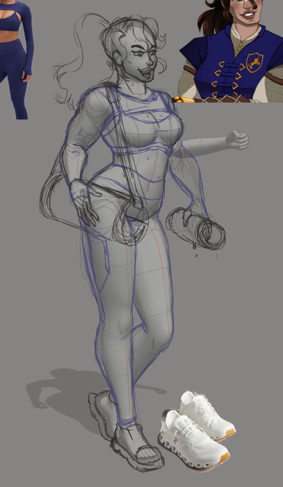 Sketch of a fit, muscular woman with a long pony tail in workout clothes