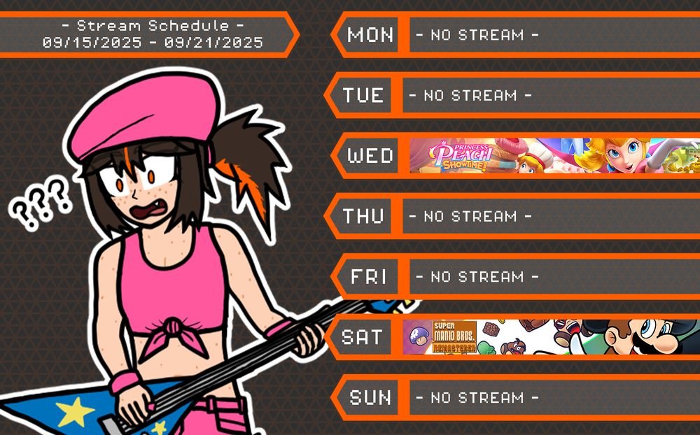 A Stream Schedule for emberscarlet.bsky.social's Twitch channel, for 09/15/2025 to 09/21/2025, Wednesday (09/17/2025) is dedicated to Princess Peach Showtime!, and Saturday (09/20/2025) is dedicated to Super Mario Bros. Remastered.

On the left, is a digital artwork depicting Ember, emberscarlet.bsky.social's VTuber avatar.

Ember's appearance that can be seen in this case, is that of a woman with pale skin dotted in freckles, brown short/medium-length hair up in a ponytail, and a single orange streak in the bangs. In this case, she's dressed in an outfit resembling Dixie Kong's outfit from the Donkey Kong series, consisting of a pink beret, a pink tied-up tank top, pink wristbands, pink ripped denim shorts, pink kneepads/leg warmers(?) and pink boots with white soles. Her pose has her holding a guitar based off of Dixie Kong's guitar in various early artworks, a blue V guitar with yellow stars, as well as a pink guitar pick her expression is confused with multiple question marks next to it, suggesting she has no idea how to use a guitar.