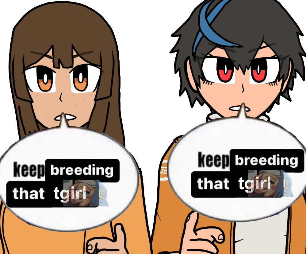 A digital artwork that's a redraw of the last panel of the... uh... "keep breeding that twink" meme, but in this case, it's May and Unika from Guilty Gear: The Missing Link and Guilty Gear Strive: Dual Rulers respectively, both in their Strive designs, though May is missing her hat, backpack, and gloves, and Unika is missing her oversized jacket, they both have a speech bubble laid over their mouths rather than below them, both saying "keep breeding that tgirl" (as in trans girl) with a semitransparent image of Bridget (from Guilty Gear XX), specifically her Guilty Gear Strive artwork cropped, and overlaid the word tgirl (as in trans girl)