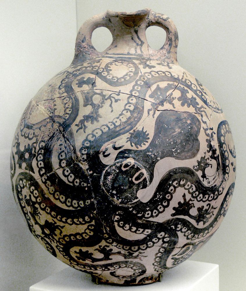 An ancient Minoan vase with an octopus painting on it