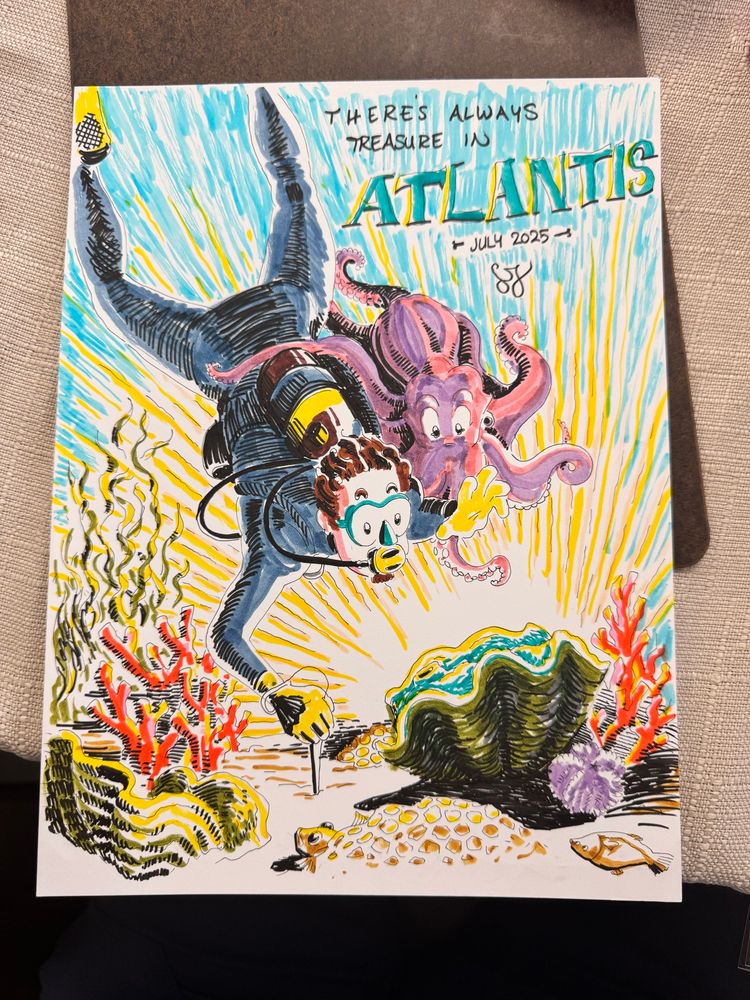 A drawing by SS Julian of a scuba diver and an octopus 