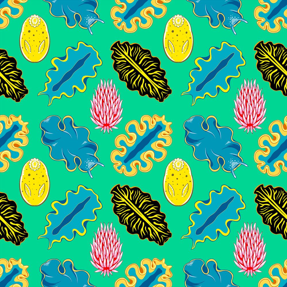 An illustrated tessellating pattern of nudibranchs by SS Julian