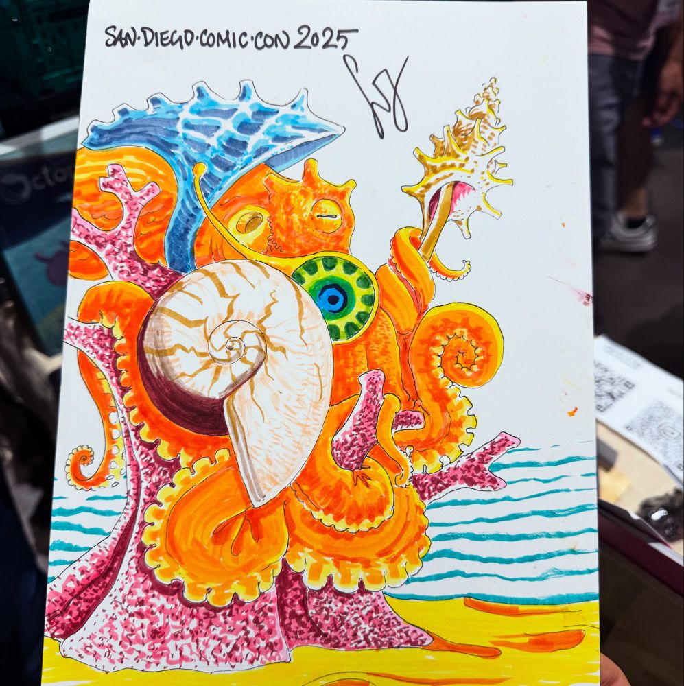Video zooming out on an ink drawing by SS Julian of an imperial looking octopus