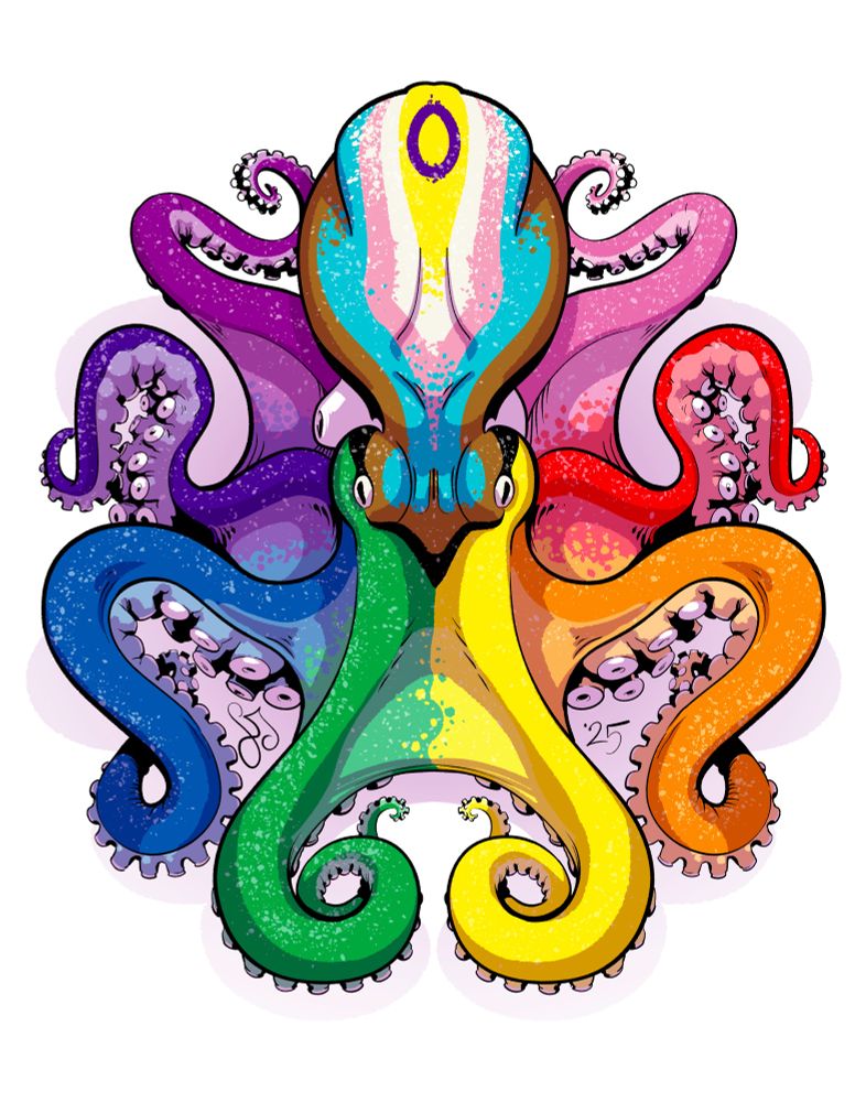 A digital drawing of an octopus displaying bright colors in the pattern of the progressive rainbow flag