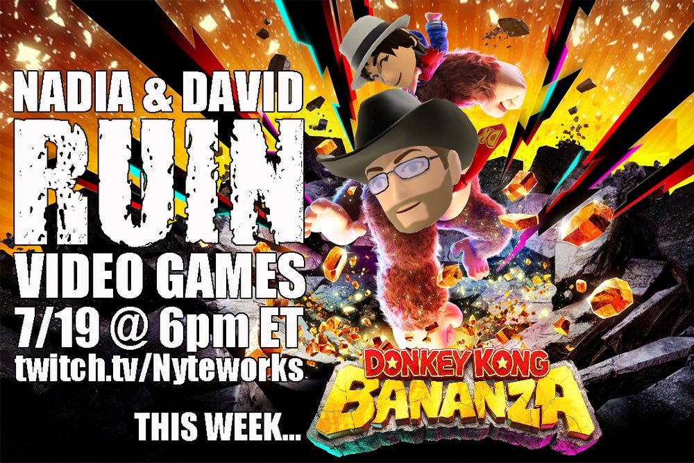 Key art for Donkey Kong Bananza with Nadia and David's heads over Pauline and Donkey Kong's, respectively, showing the info mentioned in the post.