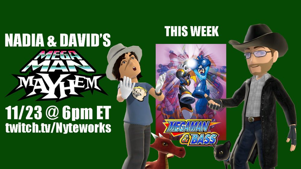 Graphic showing Nadia and David's Avatars with the Japanese box art for Rockman & Forte with the Mega Man & Bass logo, and details about the time and place for the stream from the post.