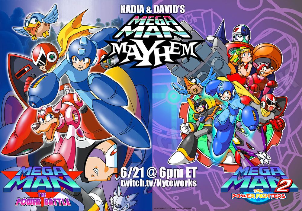 Cover art for Mega Man: The Power Battle and Mega Man 2: The Power Fighters with the Mega Man Mayhem logo front and center, along with details about where and when to see the stream as highlighted in the post.