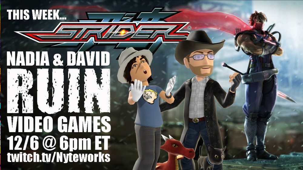 Graphic showing Nadia and David's Avatars standing alongside an image of Strider Hiryu from the 2014 Strider game, along with the logo and info about the stream mirrored from the post.