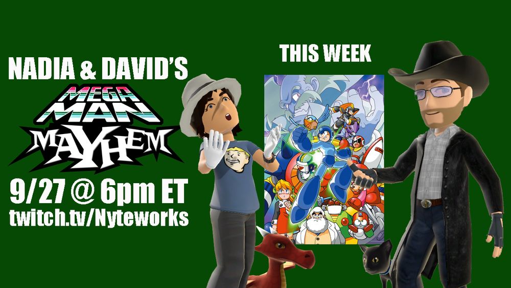 Promo image with the above information, featuring Nadia & David's Avatars and a graphic from Mega Man 8.