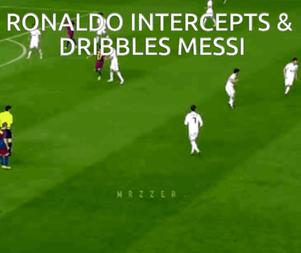 a soccer game with the words ronaldo intercepts and dribbles messi on the bottom