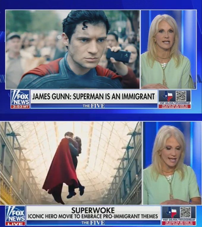 Two Fox News screenshots, one with the headline "James Gunn: Superman is an immigrant" and the other with the headline "SuperWoke — Iconic hero movie to embrace pro-immigrant themes."