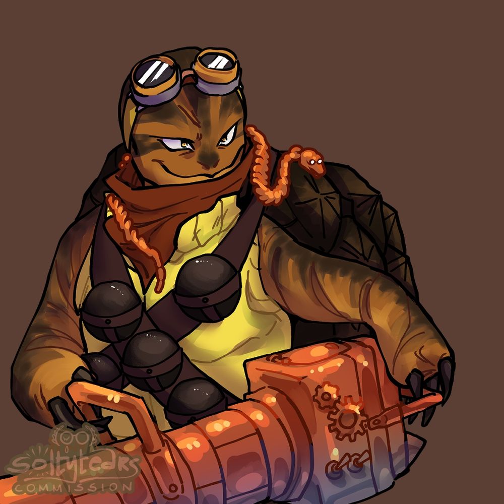 a brown tortoise tortle with cannonballs strapped to his chest, wielding a cannon and wearing goggles over his head. a small mechanical snake sits on top of his shoulders.
