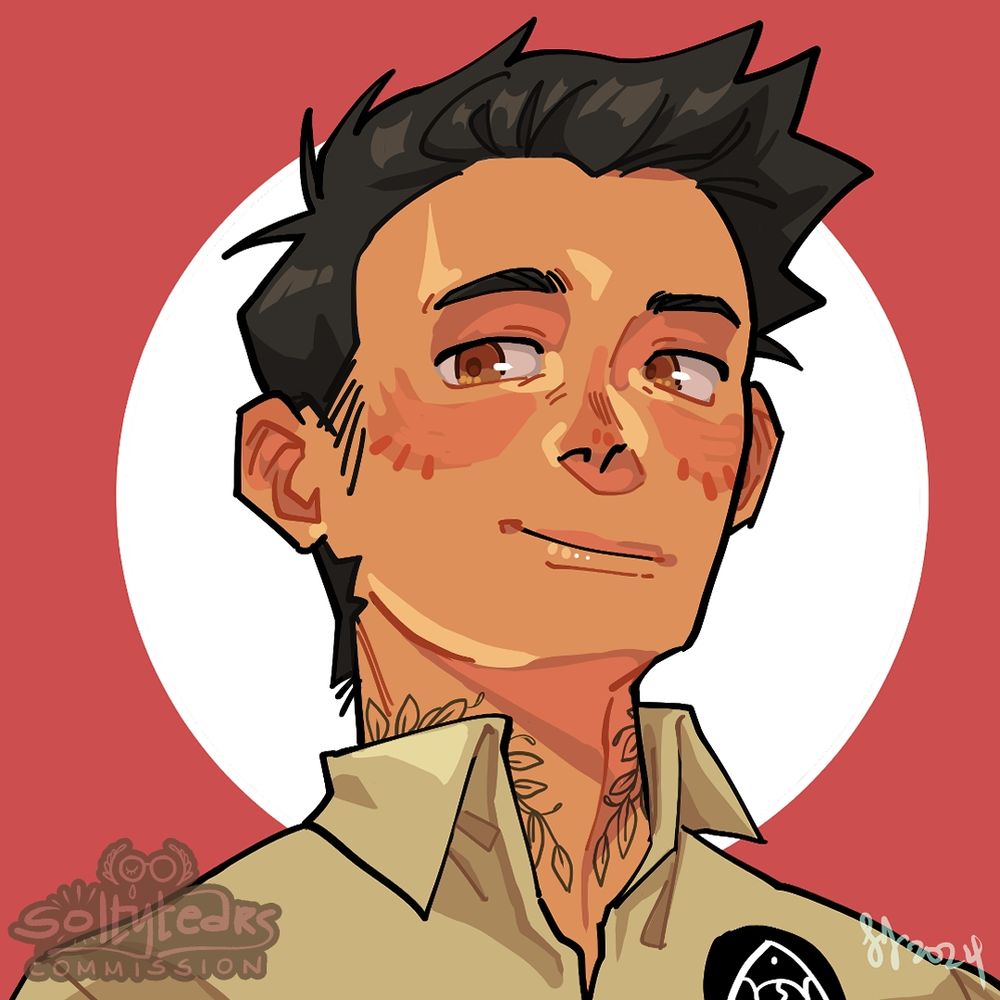 a digital icon of a masculine person with short black hair, brown eyes, a tan button-up shirt, and ferns drawn in a symmetrical pattern for neck tattoos.
