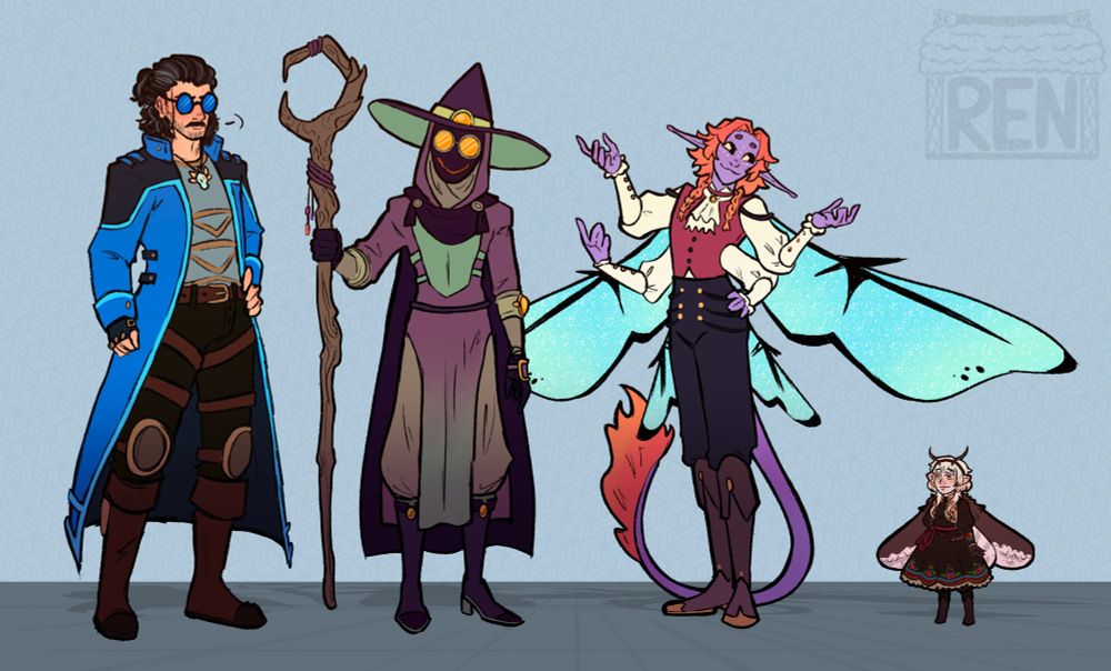 Lineup of 4 characters. 

From left to right we have a human with sunglasses, a witch, a big fairy with vibrant colors, and a small fairy with moth features. 