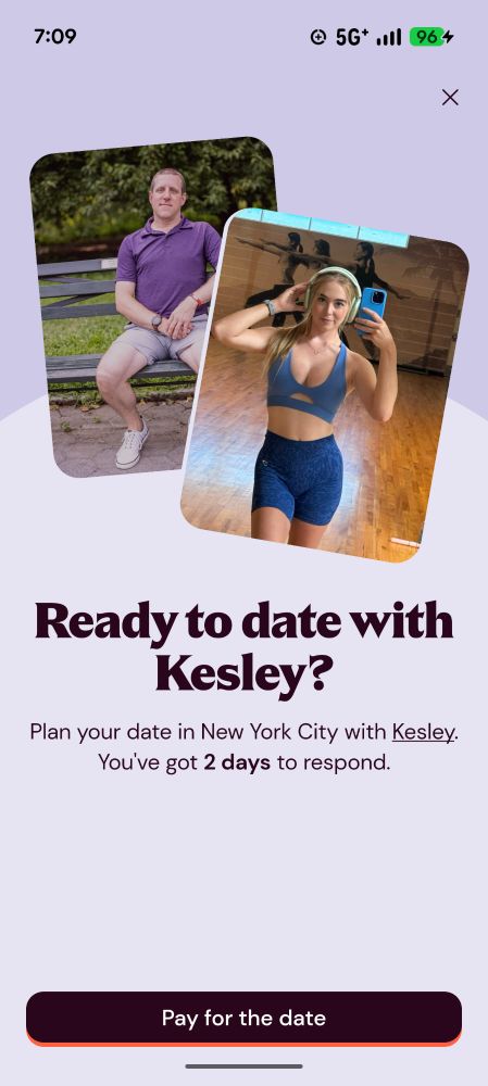 Screenshot showing me and a date from a dating app splash screen. The text says, "Ready to date with Kesley?"