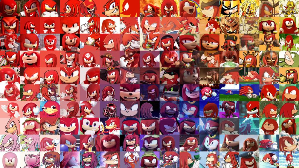 A swirled collage of red, pink, orange, purple, blue, and green composed of tiny images of Knuckles the Echidna, a red, anthropomorphic echidna.