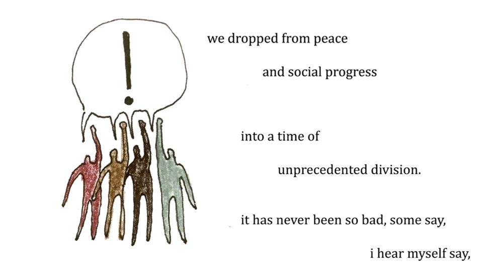 Sarah's cartoons of people yelling, and to their right, a poem about dropping from grace and finding it again.