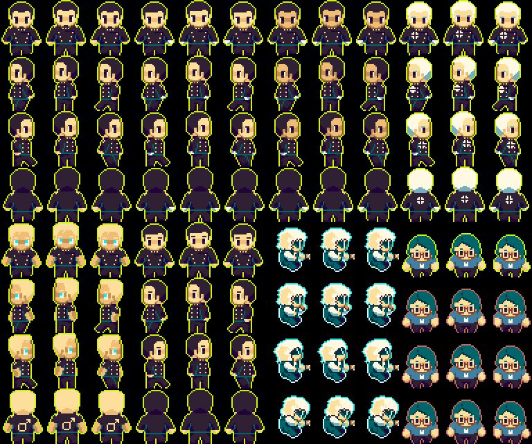 a pixel art sprite sheet for members of the TATENOKAI. they're all tall. there's also a normal-sized CHAR drinking for reference.