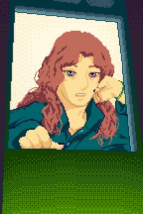 pixel art of a redheaded person looking down at you unimpressedly