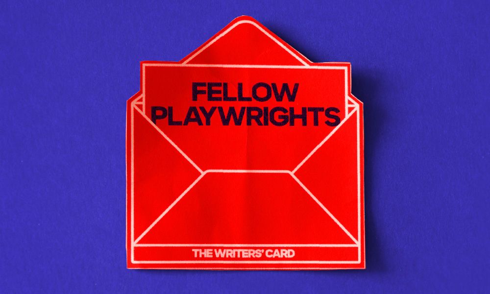 An illustration of a red envelope that is addressed to "Fellow Playwrights" and branded as part of the Royal Court's "Writers' Card" on a dark purple background.