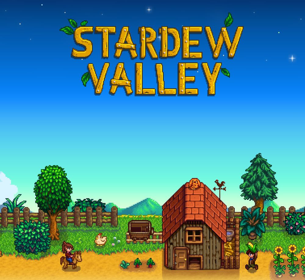 The title Stardew Valley sits in the sky over a chicken coop, trees and a mine cart, with a farmer on a horse on the left and a farmer holding a piece of corn on the right.