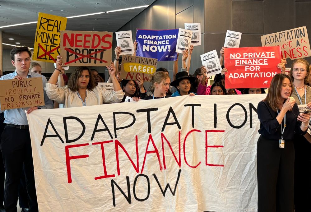 Banner auf dem "Adaptation Finance Now" steht. Darum viele Menschen die Plakate hochhalten. Auf diesen steht "Needs Profit (durchgestrichen)", "No private Finance for adaptation" und weiteres