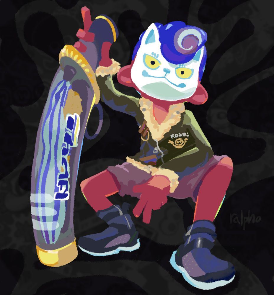 2024 painting of an octoling with croissant hair and a Blue Fox Funface, Custom Painted F-3, and Navy Enperrials is posted up with a Charcoal Decavitator. secret signature in the bottom right reads "ralpho..." what this means is likely lost to history.