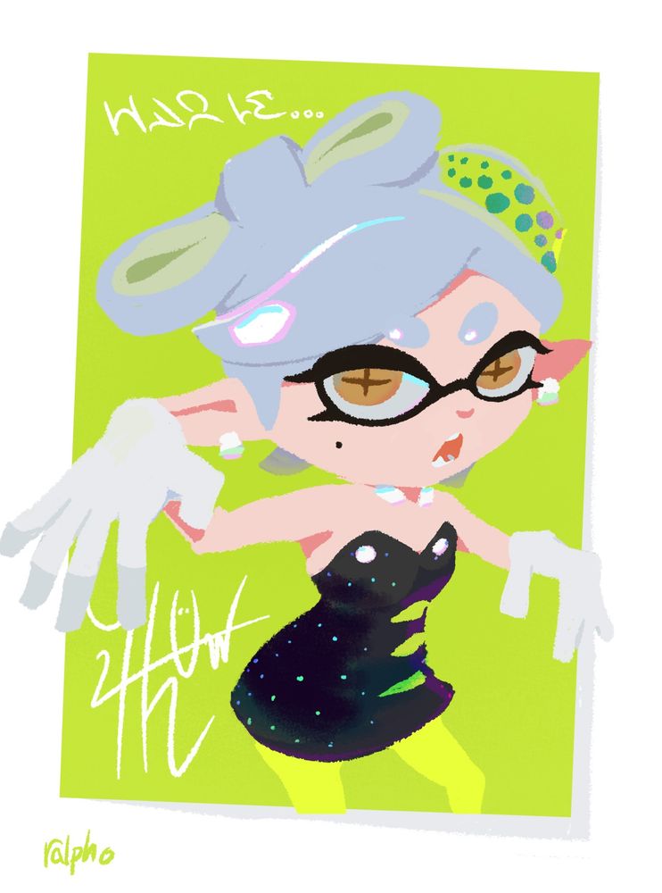 2d illustration of marie from the hit series Splatoon. she has her classic idol outfit on. in squid script, "MAR 13" is written at the top left, as well as marie's signature in the bottom left. ralpho's frightful signature haunts the bottom bottom left corner.