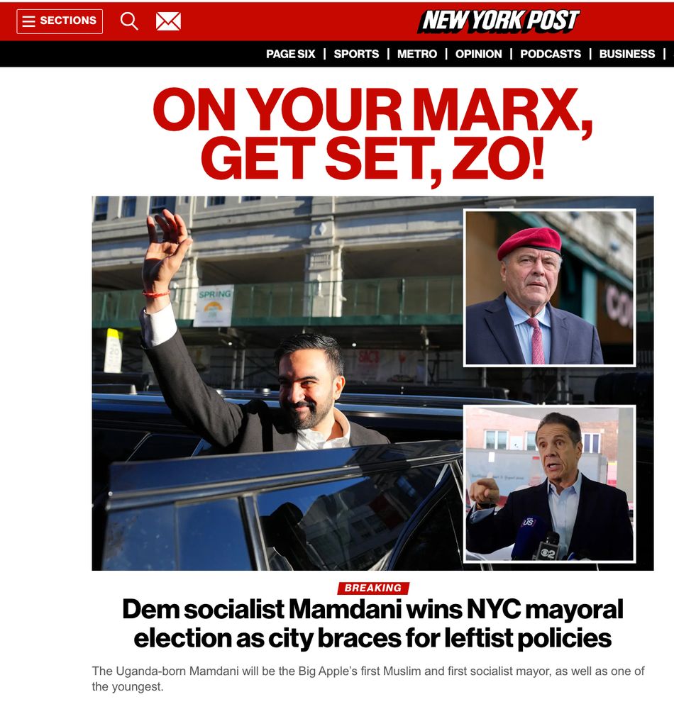 New York Post article featuring Zohran Mamdani, headline reads "On Your Marx, Get Set, Zo!"