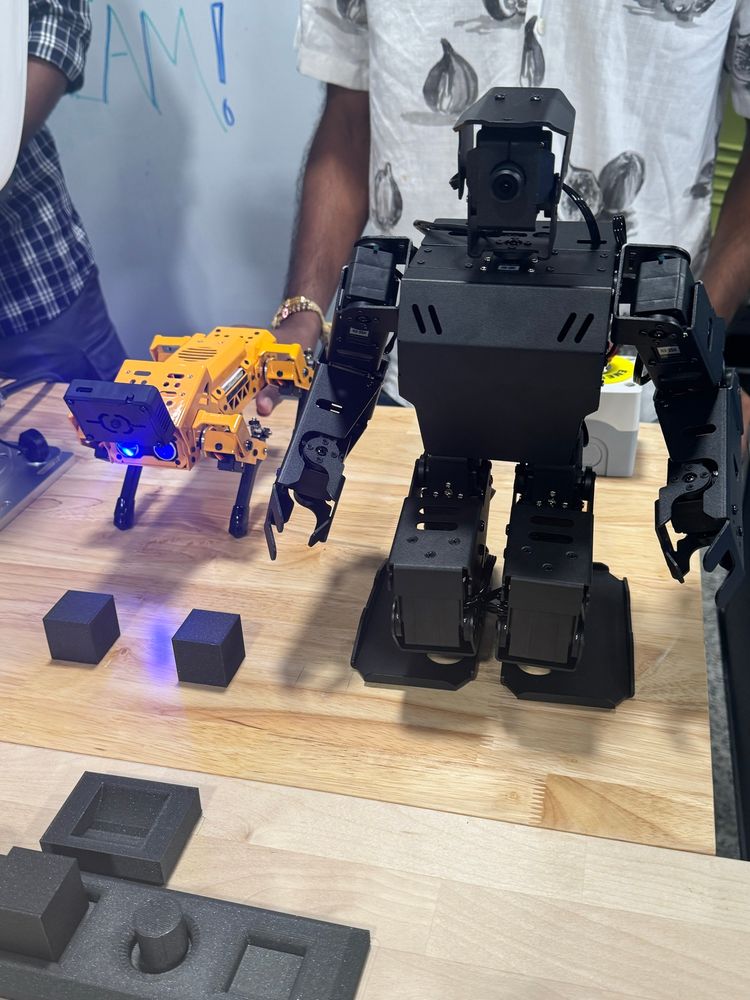 The DREAM Hub's newest technologies, an AI Robot Dog and a Humanoid Robot Powered by Raspberry Pi, standing on a table posed for a photo. 