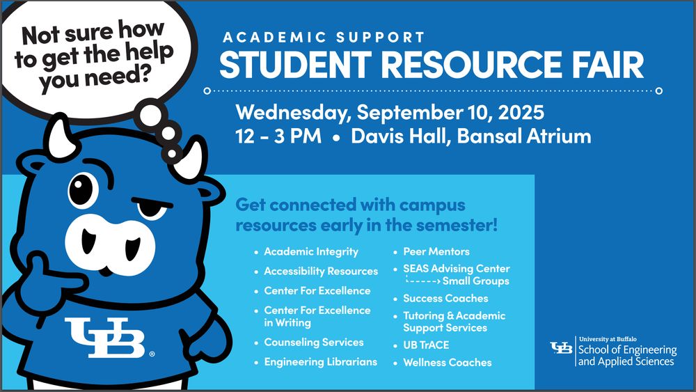 Flyer for the Student Resource Fair on Wednesday, September 10, 2025, from 12-3 PM at Davis Hall, Bansal Atrium. It lists resources like academic integrity, peer mentors, tutoring, and wellness coaches. UB mascot Victor E. Bull asks, "Not sure how to get the help you need?"