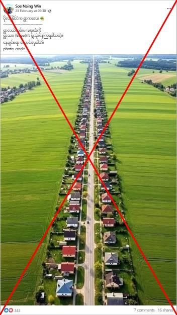 AI-generated image of a line of houses depicting a Polish village. A Red x goes over the image. 