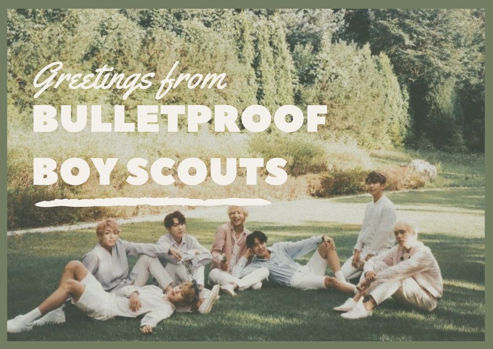 Greetings from Bulletproof Boyscouts featuring BTS in a meadow, image looks like a postcard