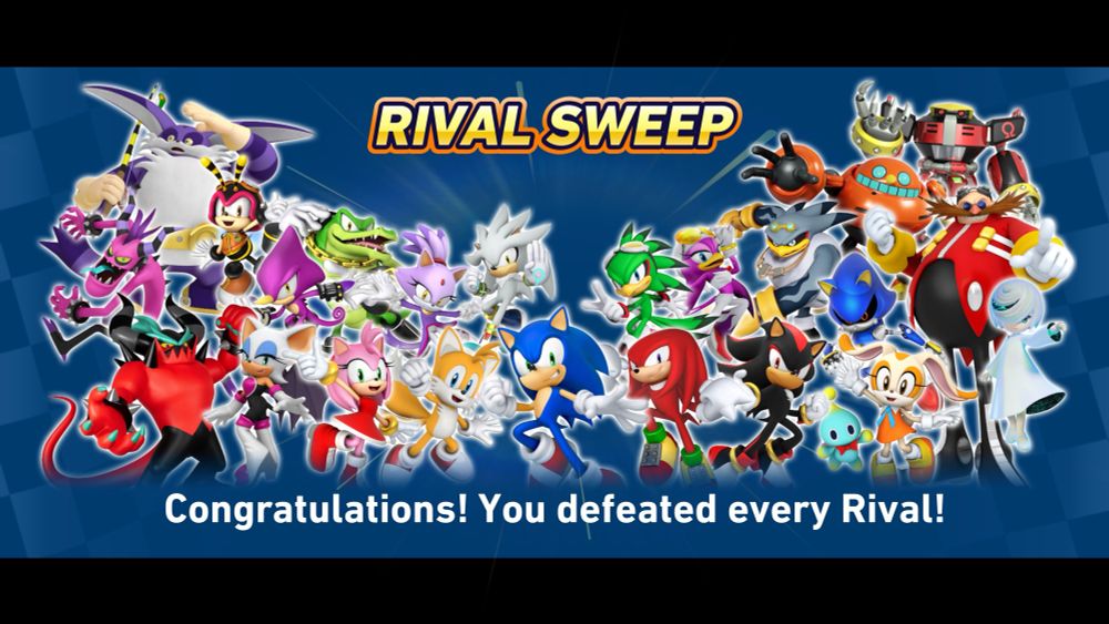 A screenshot that says “RIVAL SWEEP” & “Congratulations! You defeated every Rival!” in Sonic Racing: CrossWorlds