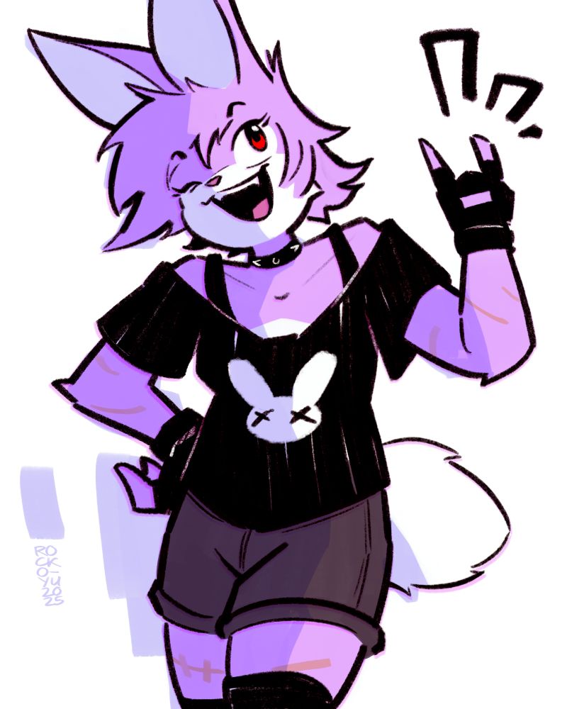 An anthro rabbit hybrid, wearing casual alt/rocker clothes and displaying the horns hand sign.