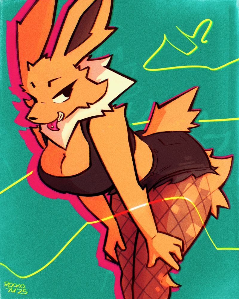 A scruffy anthro Jolteon, posing and giving a cheeky grin.

She has a crop top, cutoff shorts, ripped fishnet tights, and a tongue piercing. A string of lightning around her forms into a little heart.