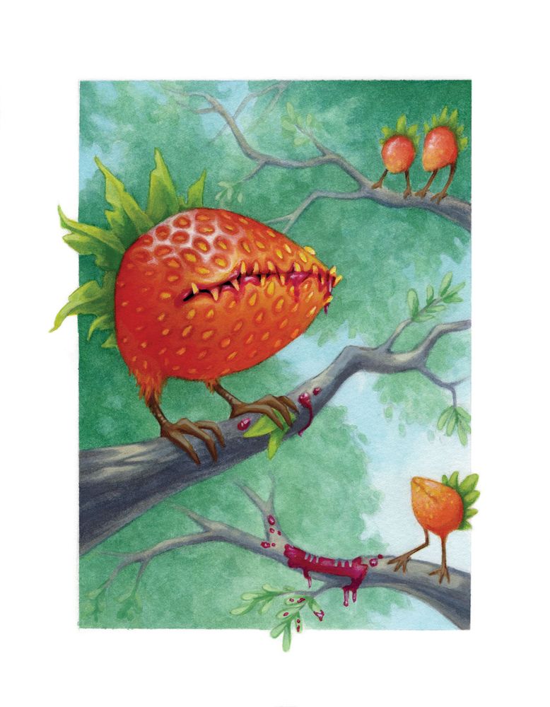 watercolor painting with a white border: The painting is of a tree canopy with strawberry birds perched around it. In the foreground is a large strawberry bird with teeth and jam dripping down onto the branch below.. where a bird appears to be missing.. oh no. 