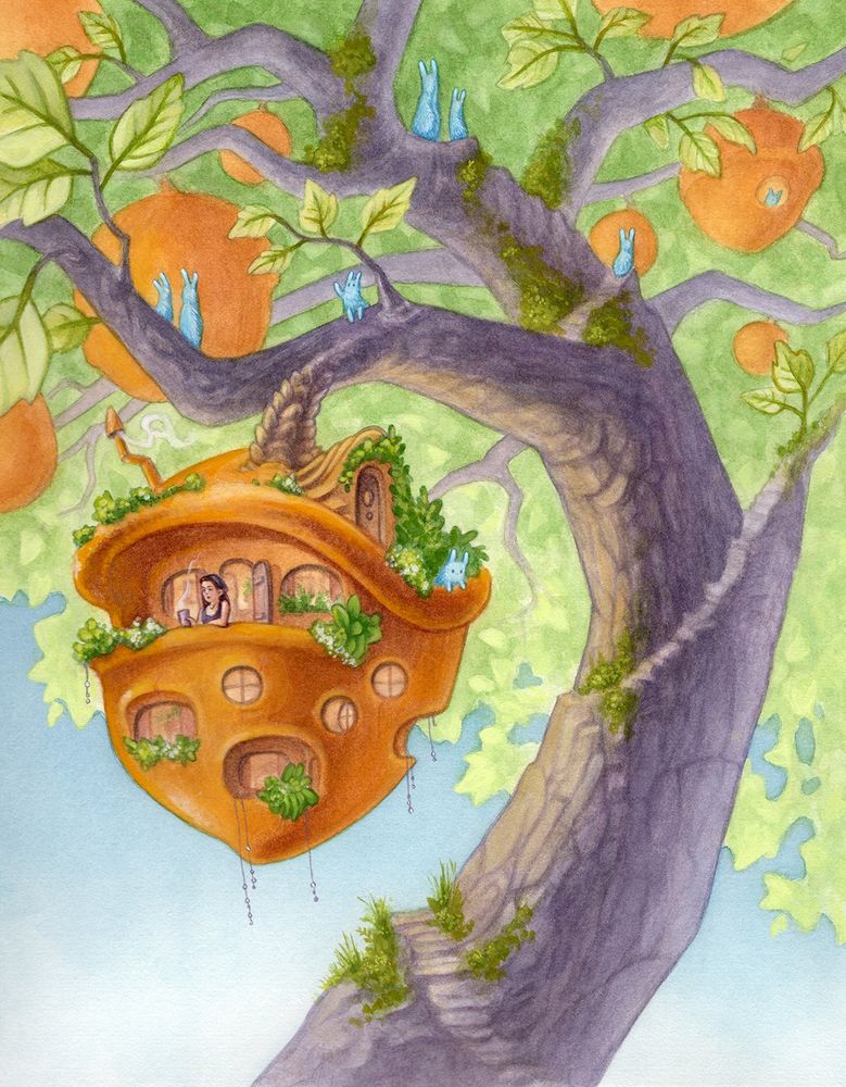 Watercolor painting: A puprle-grey tree grows twisted against a blue sky. The tree is full of giant orange fruits that hang heavy. The main fruit also appears to be a bit of an acorn? And has a balcony? And a lady drinking tea at the balcony. Blue woolbeasts wander around in the branches. 