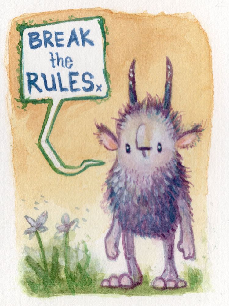 Small watercolor painting: A hairy and horned puple creature stands in some grass and flowers in front of an orange background. Their speech blimp reads" Break the Rules". 